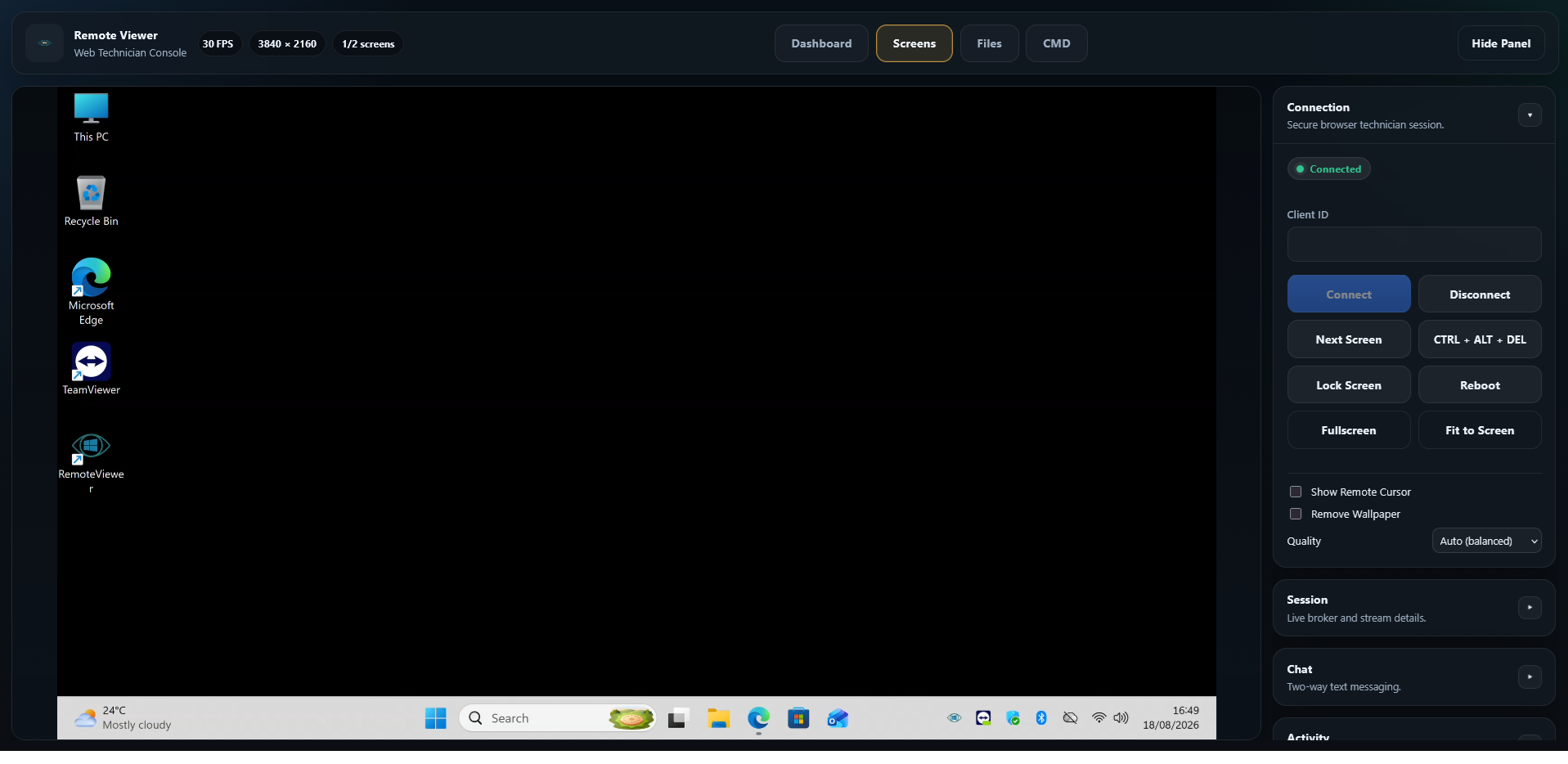 RemoteViewer browser technician interface