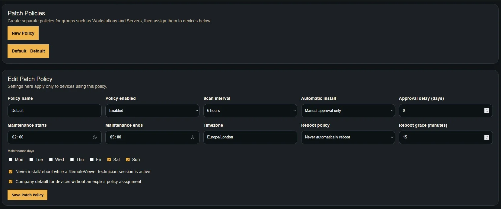 RemoteViewer Patch Management dashboard showing patch policies and update management
